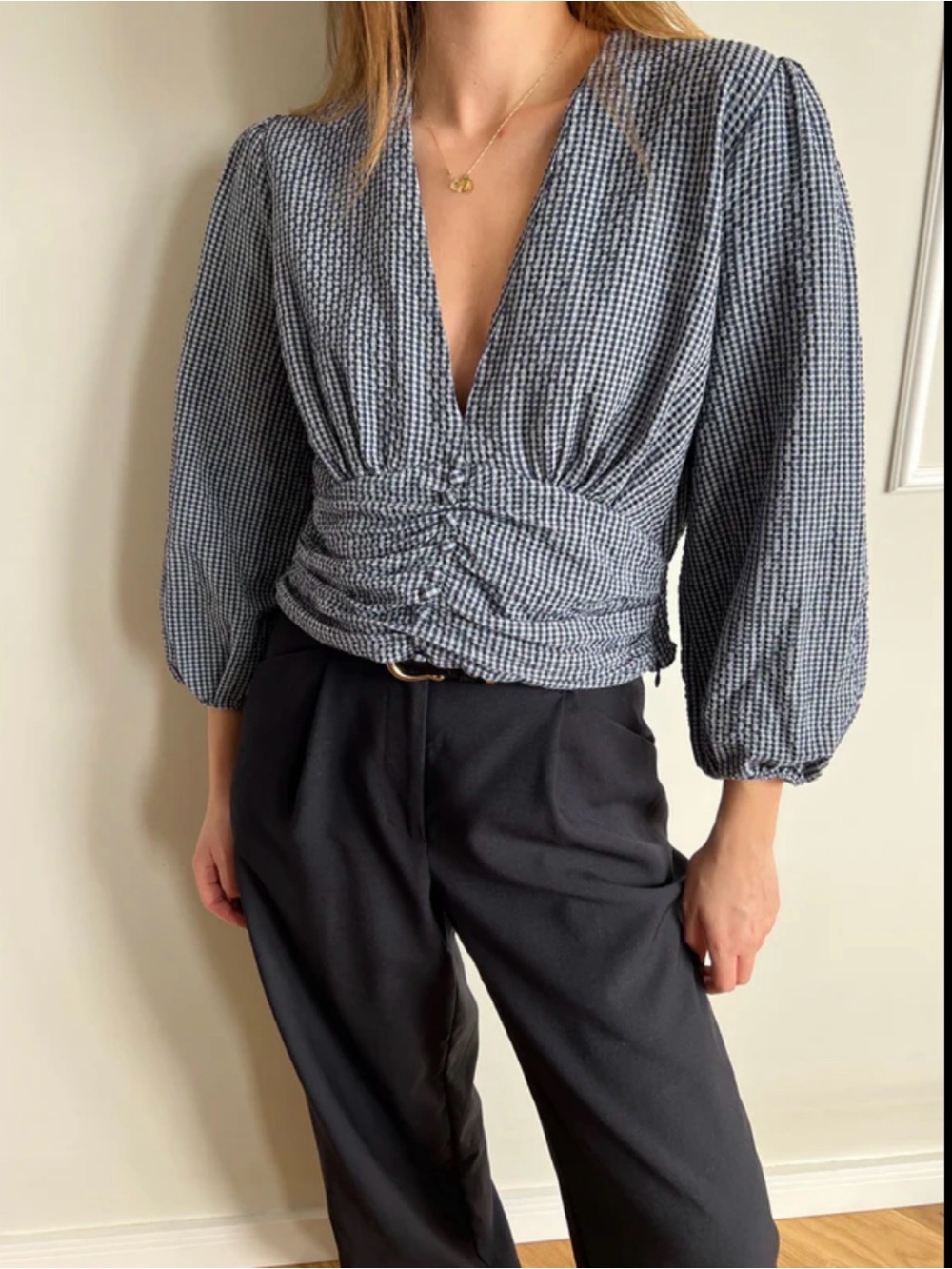 Zara Blue Gingham Ruched V-Neck Peplum Blouse
